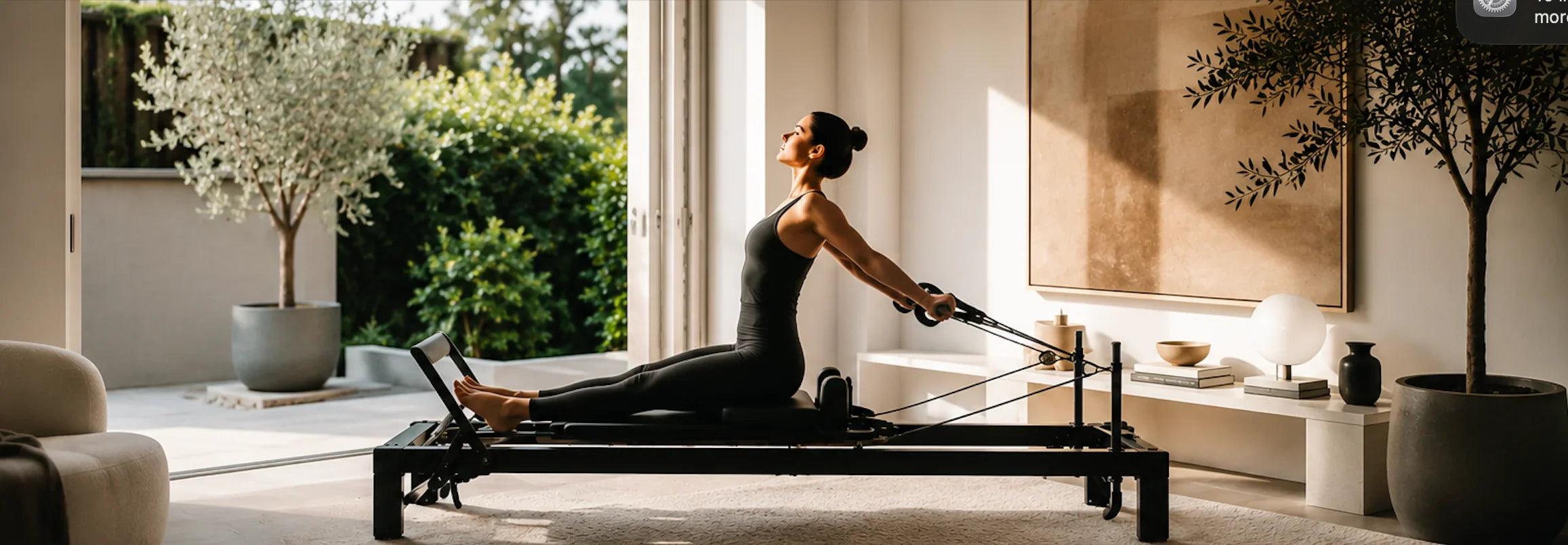 Woman practicing Pilates on a reformer machine in a bright, modern home studio